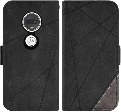 Vista 6 de Funda compatible con Moto G7/G7+/Revvlry Plus y protector de pantalla de vidrio templado, funda con tapa para tarjetero, soporte para teléfono Negro