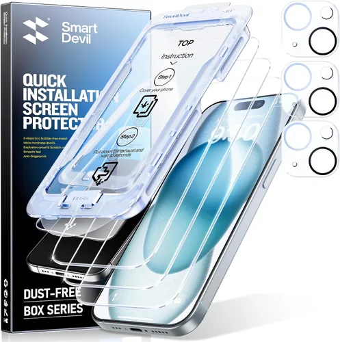 Vista 16 de SMARTDEVIL Paquete de 3 protectores de pantalla para iPhone 14 Pro Max con 3 protectores de lente de cámara, película de vidrio templado
