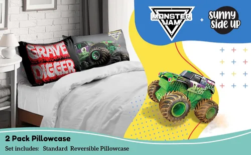 Vista 2 de Sunny Side Up Monster Jam Grave Digger - Juego de 2 fundas de almohada reversibles, fundas de almohada de doble cara, ropa de cama para niños súper