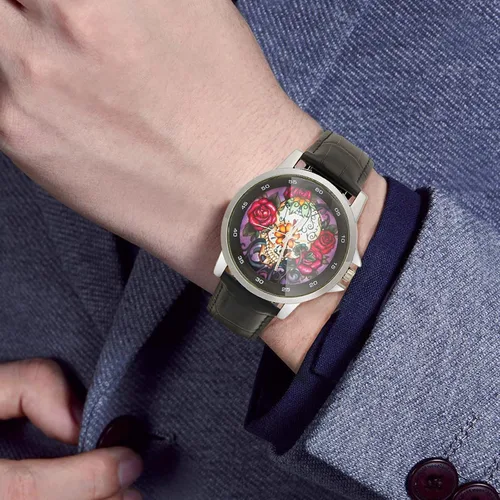 Vista 3 de Diseño especial hermoso cráneo de azúcar floral personalizado unisex correa de cuero de acero inoxidable reloj caja de metal, vidrio templado, banda
