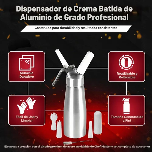 Vista 2 de Chef Master Dispensador de crema batida con 3 boquillas y cepillo de limpieza 1 pinta