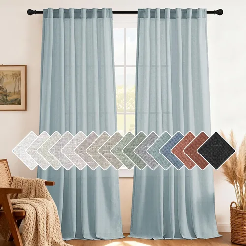 Vista 28 de H.VERSAILTEX Cortinas de lino natural de 63 pulgadas de largo para sala de estar, 2 paneles con trabillas traseras y bolsillo, texturizadas