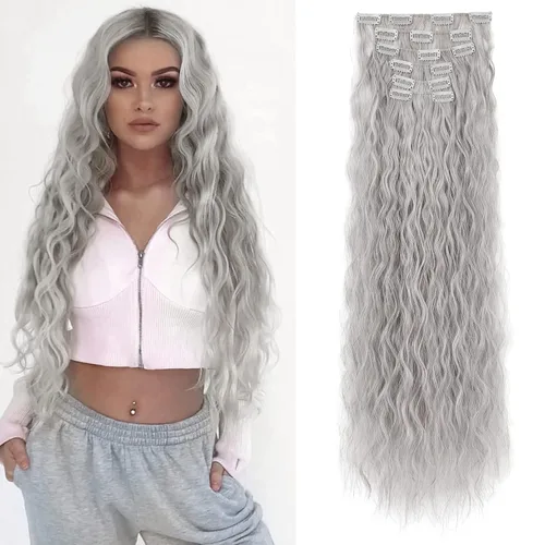 Vista 19 de Flufymooz - Extensiones de cabello con clip, 6 unidades, extensiones de cabello largas con ondas de sirena, sintético, postizo para mujer, 24 Marrón