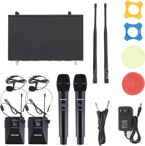 Vista 7 de Sistema de micrófono inalámbrico UHF de 4 canales con micrófonos de auriculares Lavalier, frecuencias ajustables de 4 x 50, ideal para reuniones
