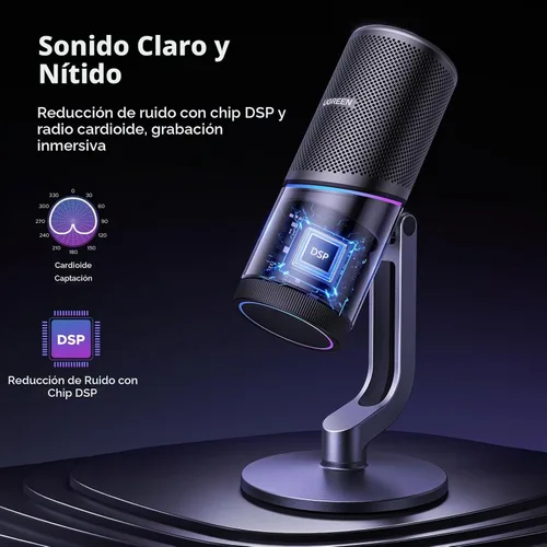 Vista 3 de UGREEN Micrófono para PC, micrófono para juegos USB con luces RGB, 24bit/96kHz