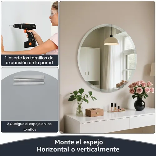 Vista 6 de Espejo redondo sin marco de 24 pulgadas, espejo redondo con borde biselado de 1 pulgada, espejos de baño biselados para tocador, sala de estar