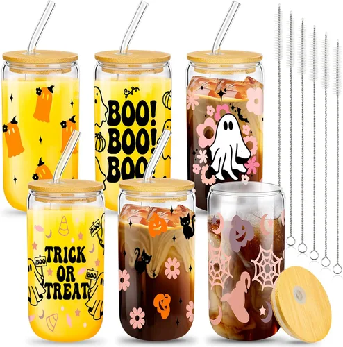 Vista 7 de meekoo 6 tazas de vidrio de Halloween de 16 onzas, tazas de café helado, calabazas, murciélagos, fantasmas, vasos de cerveza con tapas y pajitas