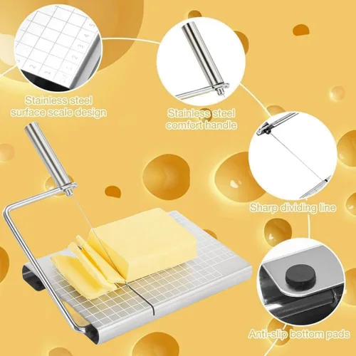 Vista 2 de Cortador de queso con tabla para queso de bloque Tabla de cortar queso ajustable resistente con 11 cables de repuesto, diseño ergonómico, cortador