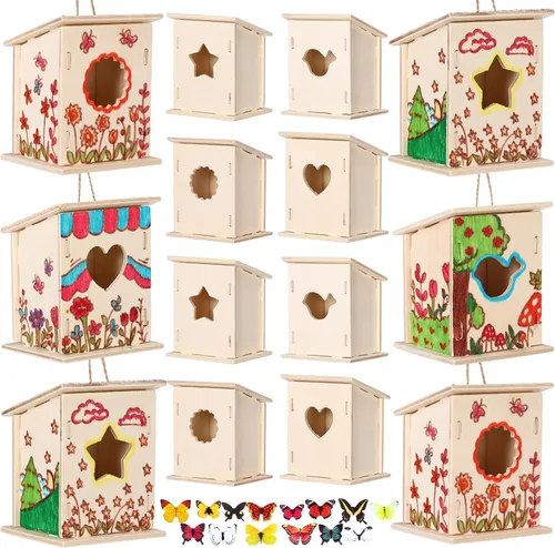 Vista 8 de Outus Kit de 24 piezas de casa de pájaros de madera para que los niños construyan, kit de casa de pájaros de 4 formas de madera sin terminar