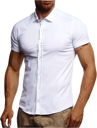 Vista 2 de WUAI-Men Camisas de algodón de manga corta y ajuste regular, para el trabajo, oficina, para verano, casual, con botones, para la playa