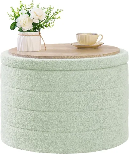 Vista 21 de B FSOBEIIALEO Otomana con Almacenamiento, Taburete Otomano de Almacenamiento Redondo Sherpa, Reposapiés Boucle 14.6"x14.6"x17.7" (Beige)
