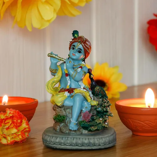 Vista 3 de Estatua hindú de Dios Señor Krishna – 4.3 pulgadas de alto, ídolo indio Krishna, escultura para oficina en casa, templo mandir, regalos Puja
