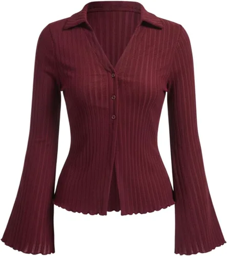 Vista 6 de SOLY HUX Camiseta de manga larga con cuello en V y botones para mujer
