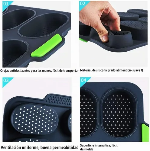Vista 6 de Sartén de silicona para baguette, antiadherente, sin BPA, gris, 12 x 2.5 x 2.5 pulgadas
