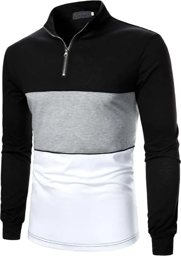 Vista 3 de OYOANGLE Polo casual de manga larga para hombre, con cremallera, a rayas, ajuste regular