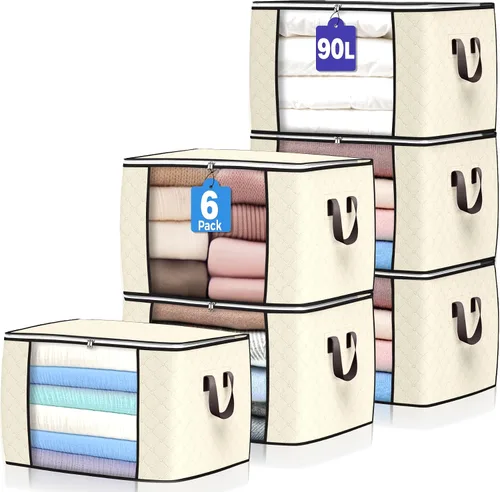 Vista 19 de Bolsas de almacenamiento grandes de 90 L, paquete de 4 contenedores de almacenamiento de ropa plegables, organizadores de armario, contenedores