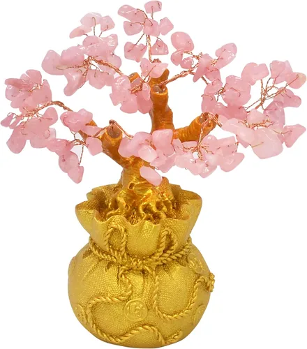 Vista 6 de Árbol de gemas de cuarzo rosa natural, árbol de cristal de energía positiva, estatua de Feng Shui, bolsa del tesoro, árbol de chakras manual