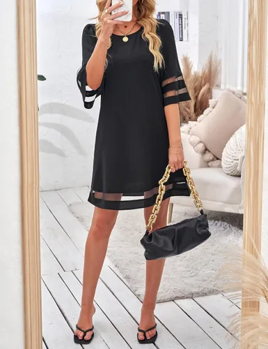 Vista 4 de LookbookStore - Vestido estilo túnica para mujer, holgado, con mangas 34 acampanadas con panel de malla, cuello redondo