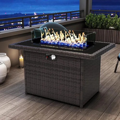 Vista 9 de Mesa para fogón de gas propano de 44 pulgadas para patio exterior, fogón rectangular al aire libre de mimbre de ratán de 60000 BTU con protector