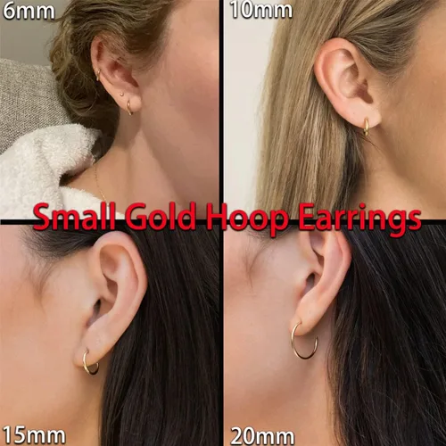 Vista 6 de Aretes de aro ligeros y pequeños de oro para mujer, aretes de aro abiertos de oro de 14 quilates, hipoalergénicos, pequeños aretes de aro en oro
