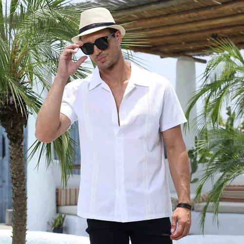Vista 2 de Camisas Guayabera para hombre estilo casual de lino algodón con botones manga corta cuello y moda para la playa