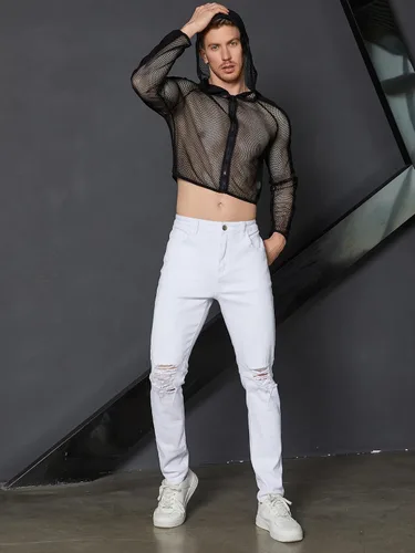 Vista 6 de WDIRARA Sudadera de manga larga con capucha y cremallera frontal de malla transparente para hombre