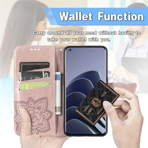 Vista 5 de Funda tipo cartera compatible con OnePlus 10 Pro para mujer, de piel, con función atril magnético y tarjetero para OnePlus 10 Pro 5G, mariposa, oro