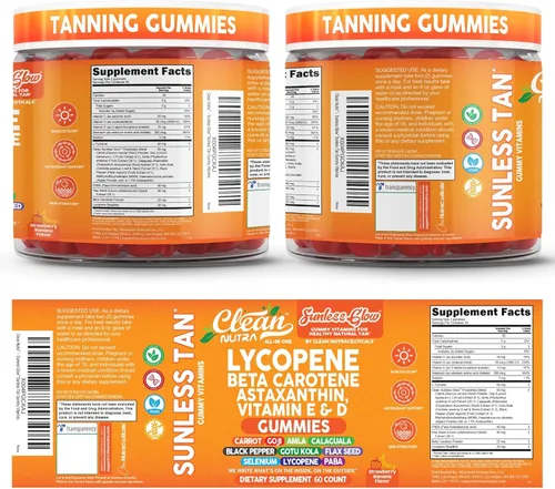 Vista 9 de Gomas bronceadoras de licopeno y betacaroteno sin sol, con astaxantina, vitamina C, D, E, semilla de lino, selenio, amla, tirosina, PABA, pimienta