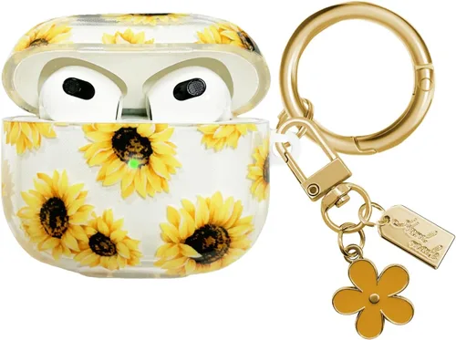 Vista 8 de Funda compatible con AirPods 3 2021, TPU suave con bonito patrón de flores para AirPods de 3ª generación con llavero de flores y mosquetón para Negro