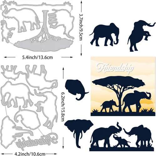 Vista 2 de BENECREAT 2 estilos de silueta de elefante patrón de corte de acero al carbono, marco de amistad, plantilla de estampado de fondo para hacer fotos