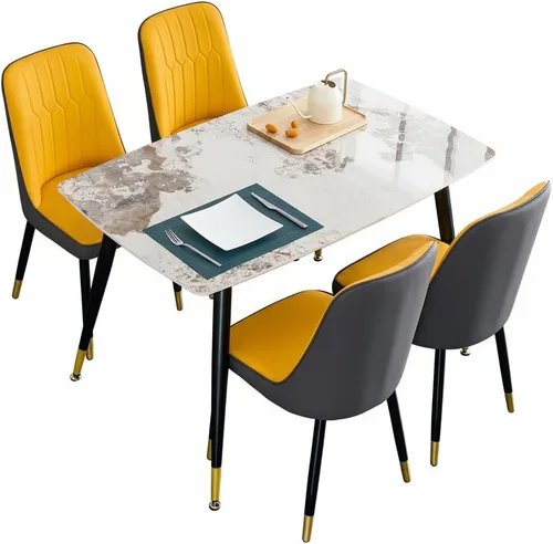 Vista 11 de Juego de 5 mesas de comedor modernas de piedra sinterizada de 50 pulgadas, mesa de cocina rectangular de mármol sintético con 4 sillas de piel