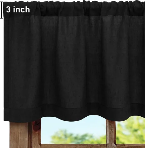 Vista 2 de Pitalk - Cenefa de ventana de lino negro para cocina, bolsillo para barra de 3 pulgadas, semitransparente, estilo bohemio moderno de granja, cenefa