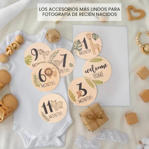 Vista 6 de Tarjetas de Hitos Mensuales para Bebé - 7 Círculos de Madera con Marcadores de Animales de Doble Cara, Discos para Fotografía de Recién Nacidos