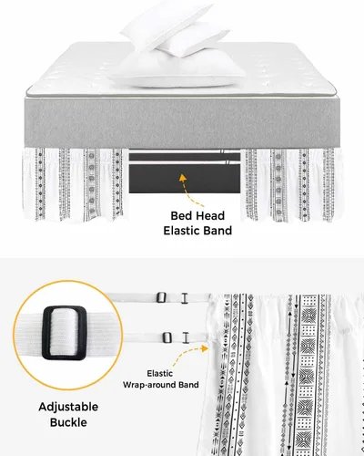 Vista 4 de Falda de cama bohemia tamaño Queen de 16 pulgadas de caída, ajustable y elástica, plisada, con volantes de lujo para cama individual, matrimonial