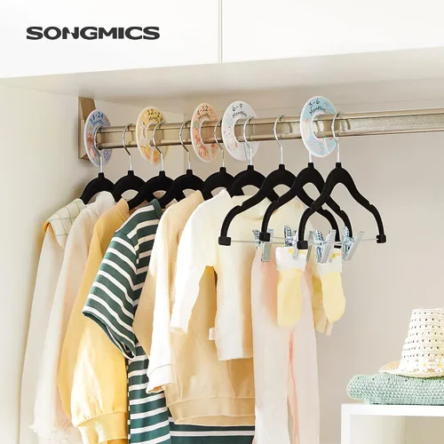 Vista 2 de SONGMICS Paquete de 30 perchas para pantalones de bebé con clips, perchas para niños con 6 separadores de ropa, perchas antideslizantes para ropa
