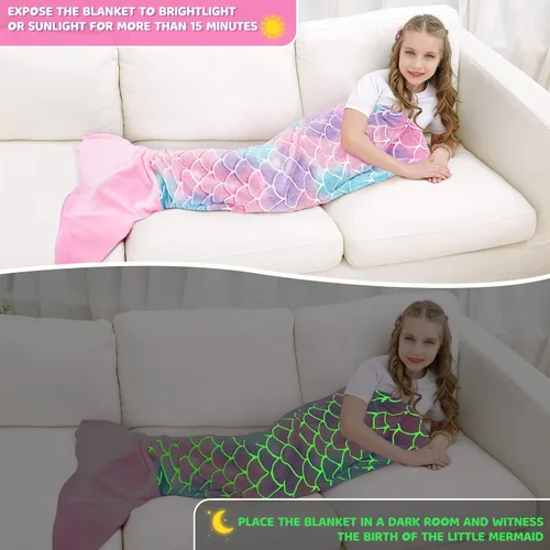 Vista 2 de WERNNSAI Manta de Cola de Sirena para Niños - Manta Ponible de Sirena que Brilla en la Oscuridad para Niñas de Invierno Franela Suave con Escamas