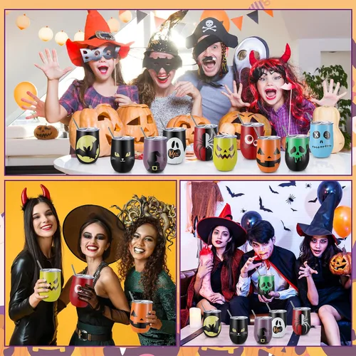 Vista 6 de Roshtia 10 vasos de Halloween de 12 onzas, regalos con popote y tapa, calabaza, gato, fantasma, bruja, Halloween, suministros de fiesta