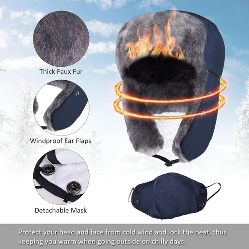 Vista 3 de Trooper Trapper Sombrero cálido de invierno Sombrero térmico de piel polar ruso Ushanka sombreros máscara para las orejas, nieve, esquí, caza