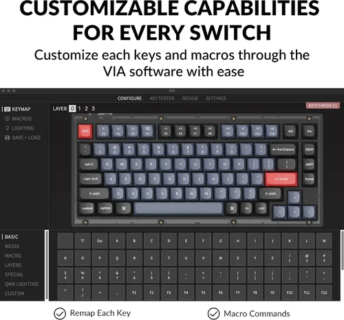 Vista 3 de Keychron Teclado mecánico personalizado V1 75 de diseño QMKVIA macro programable con teclado intercambiable en caliente K Pro Brown Switch