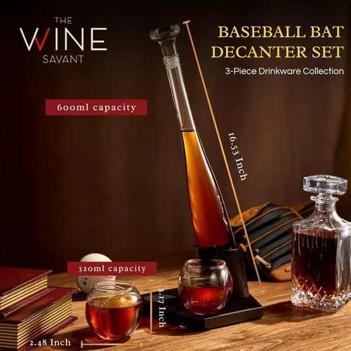 Vista 2 de Regalos de béisbol para hombres, juegos de decantador de whisky para hombres, juego de decantador de bate de béisbol de 20 onzas con 2 vasos, regalo
