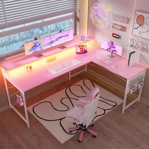 Vista 4 de Pamray Escritorio para juegos en forma de L de 64 pulgadas con tomas de corriente y luces LED, escritorio de esquina grande para computadora