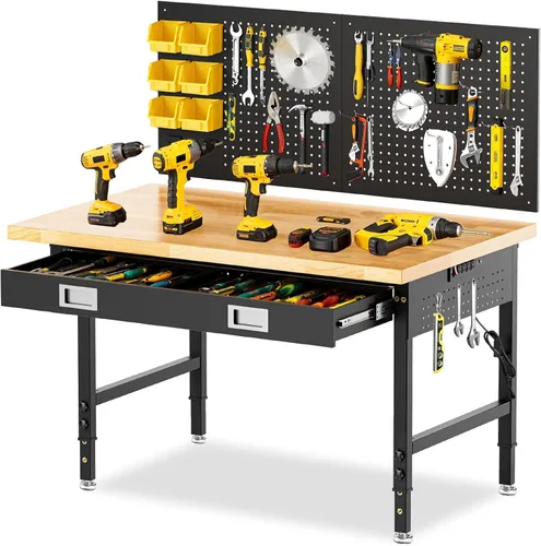 Vista 13 de Banco de trabajo de altura ajustable de 48 x 24 pulgadas, banco de trabajo resistente para garaje con estante debajo de la mesa, mesa de trabajo
