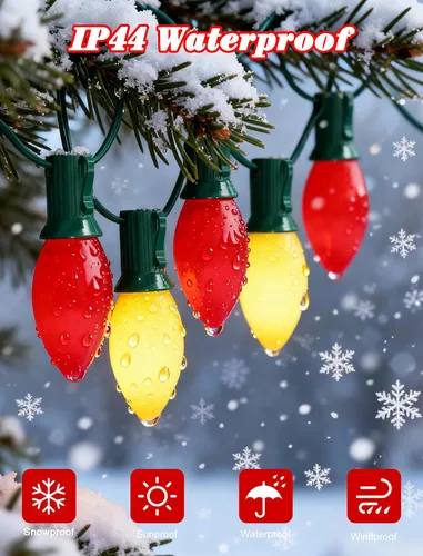 Vista 4 de Luces LED de Navidad rojas y blancas, luces de Navidad vintage C9 de 25 pies para exteriores con 26 bombillas LED, luz de Navidad extensible Luces