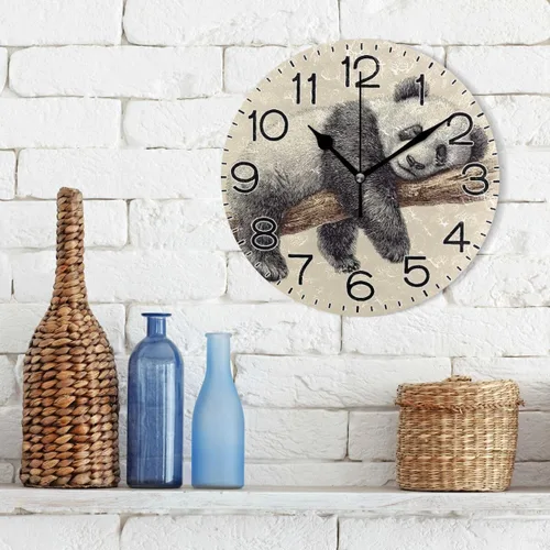 Vista 3 de ALAZA Reloj de pared con diseño de oso panda, funciona con pilas, silencioso, de cuarzo, analógico, rústico, estilo rústico, redondo, decoración