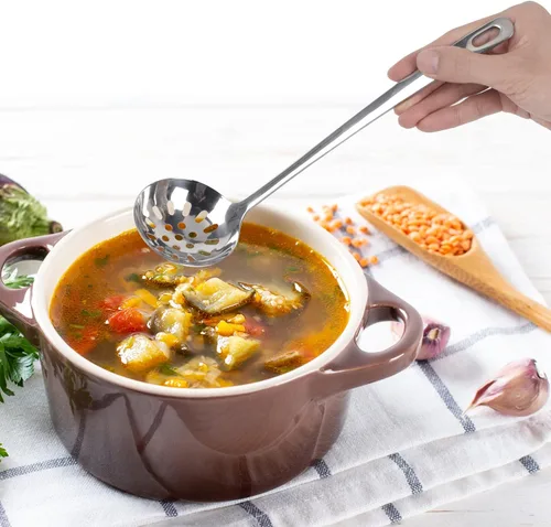 Vista 4 de Utensilios para servir cubiertos de acero inoxidable 304, cuchara ranurada y cucharón de sopa, juego de utensilios de servir