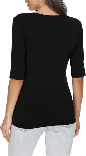 Vista 6 de Camiseta casual de media manga con cuello redondo para mujer, color liso, básica, ajustada, de algodón