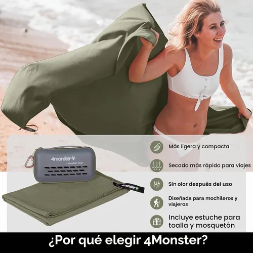 Vista 2 de 4Monster Toalla de viaje de secado rápido con estuche y mosquetón, toalla de microfibra súper absorbente para gimnasio y campamento. Compacta