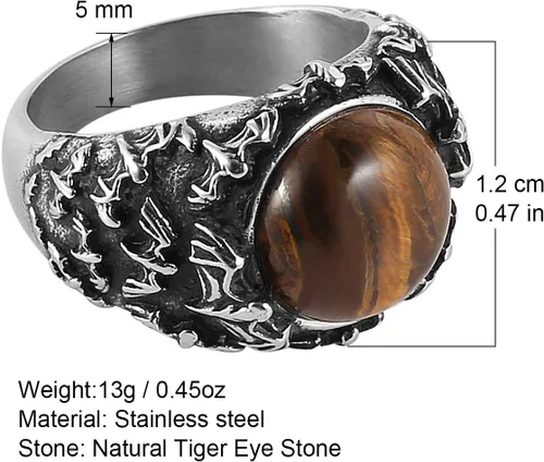 Vista 6 de HZMAN Anillo de boda retro de acero inoxidable gótico con piedra de ojo de tigre, turquesa, talla 7-14