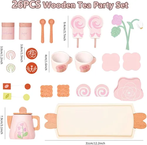 Vista 4 de Juego de té de madera para niñas pequeñas, juguete de juego de té con 27 piezas de accesorios de cocina de simulación, juguete de té de princesa