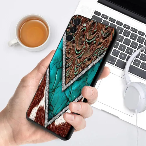 Vista 3 de Funda compatible con Samsung Galaxy S22, funda protectora de TPU suave a prueba de golpes de piel de vaca occidental turquesa y marrón con estampado
